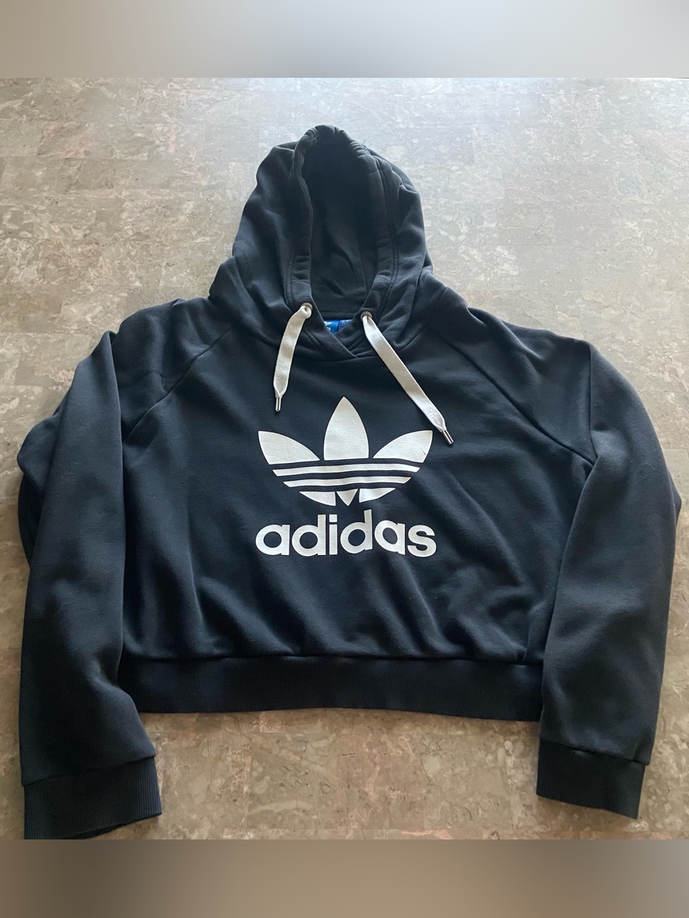 Adidas Black cropped Hoodie with White Drawstrings and Blue Tag